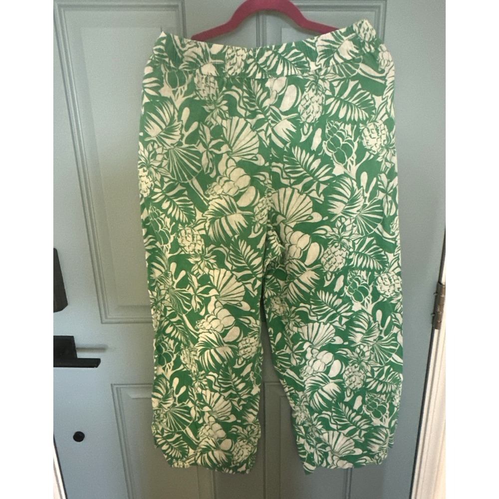 Nicole Miller Women's 100% Linen Wide Leg Crop Pants Green Tropical Pull On Sz L